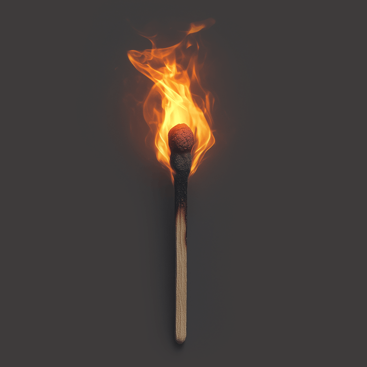 Photo of a lit matchstick blazing brightly